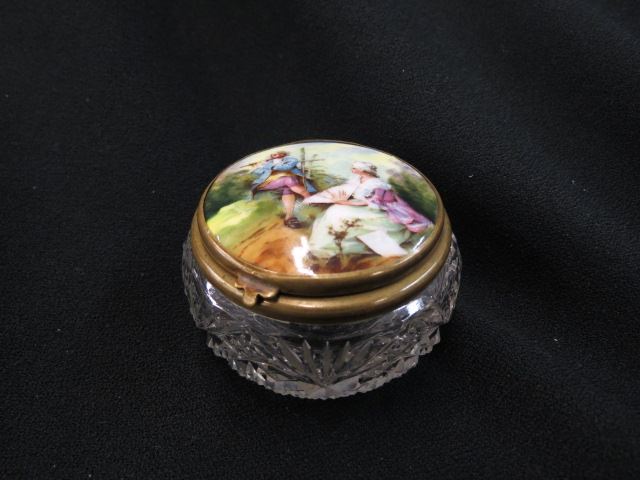 Appraisal: Cut Glass Dresser Box with porcelain lid courting scene diameter