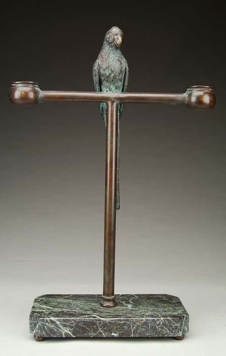 Appraisal: INTERESTING BRONZE PARROT CANDLE HOLDER T-shaped bronze bar has bowl