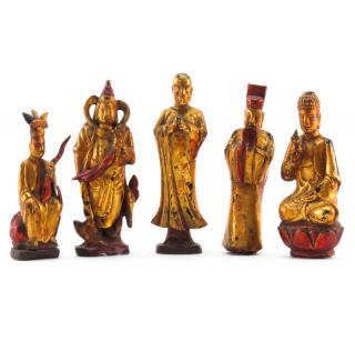 Appraisal: Grouping of Five th Century Chinese Wood Carved Gilt Painted