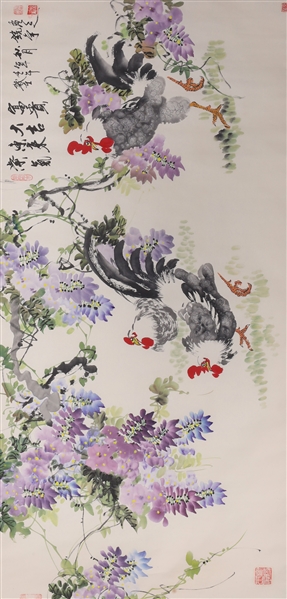 Appraisal: Chinese ink and color on paper painting of chickens and