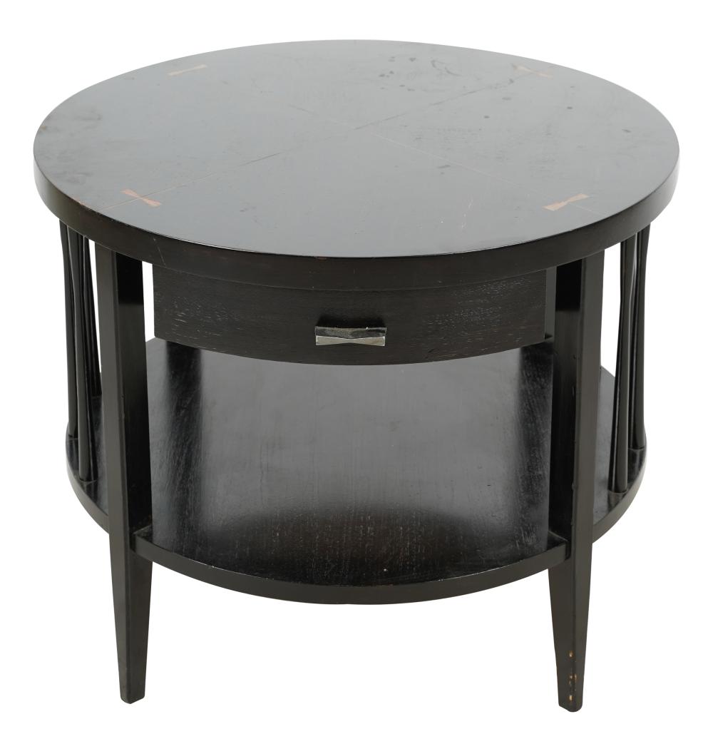 Appraisal: EBONIZED WOOD LAMP TABLEthe top inset with lighter-colored wood inches