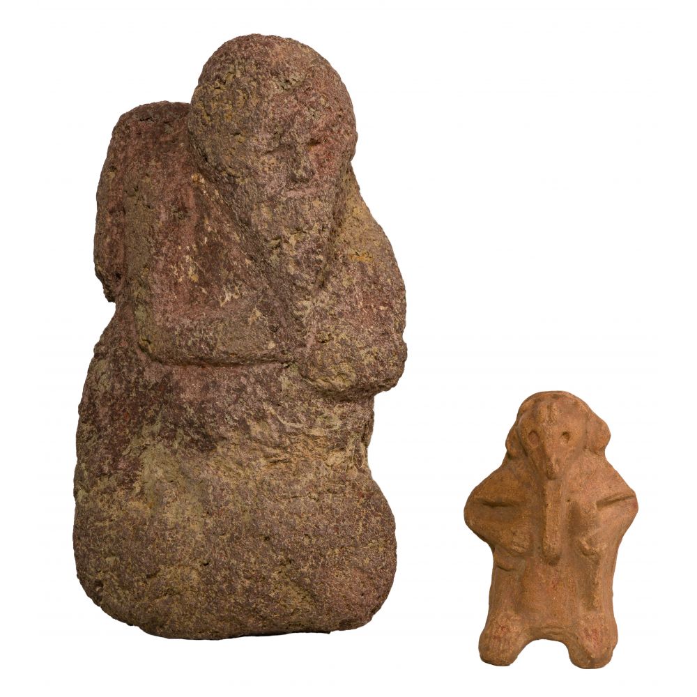 Appraisal: PRE-COLUMBIAN FIGURINES items including a carved stone figure shown bearded