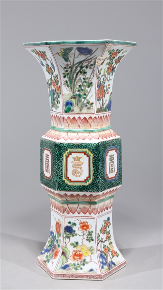 Appraisal: Chinese famille verte enameled porcelain hexagonal faceted vase with characters