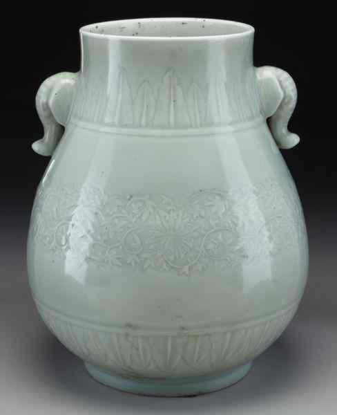 Appraisal: Chinese celadon porcelain Zun vase with elephanthandles depicting lotus Six