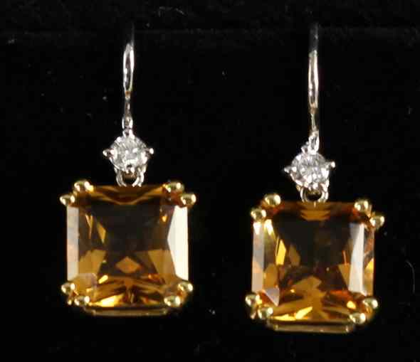 Appraisal: Citrine and Diamond Earringsa square cut citrine gemstone x mm