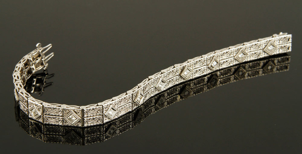 Appraisal: - K Gold and Diamond Filigree Bracelet K white gold