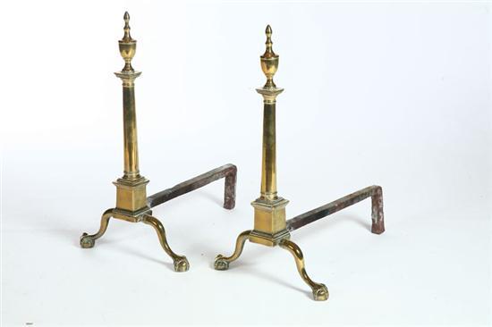 Appraisal: PAIR OF BRASS ANDIRONS Probably Philadelphia late th century Neoclassical