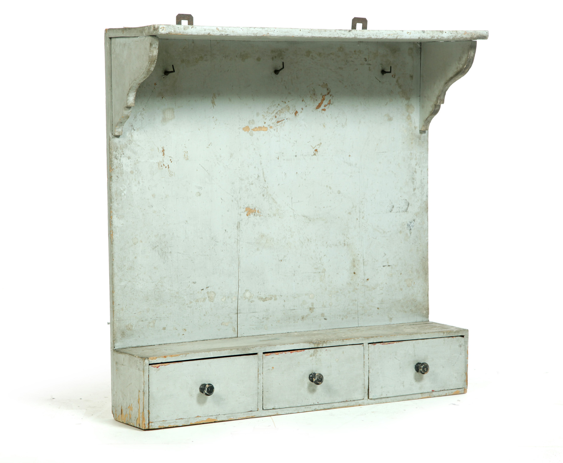 Appraisal: PRIMITIVE PAINTED HANGING WALL SHELF WITH THREE DRAWERS American th