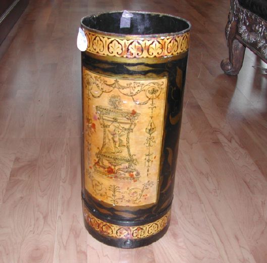 Appraisal: French Cylindrical Black-Painted Cast-Iron and Engraving Decoupage Umbrella Walking Stick