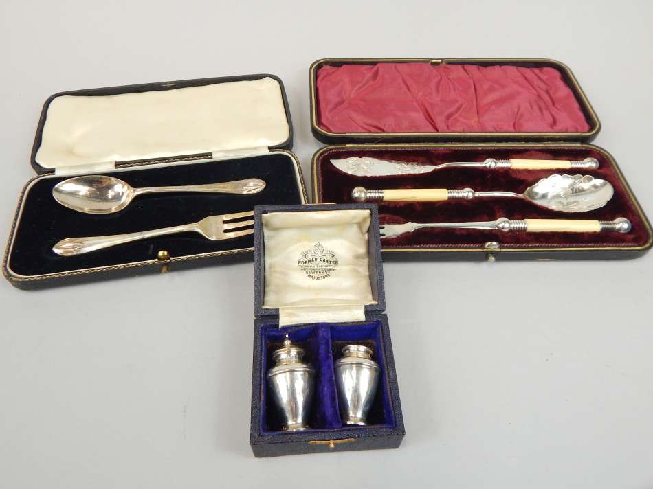 Appraisal: A quantity of cased cutlery etc to include silver Christening