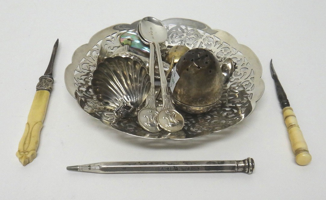 Appraisal: Silver comprising a shaped circular bonbon dish with scroll pierced