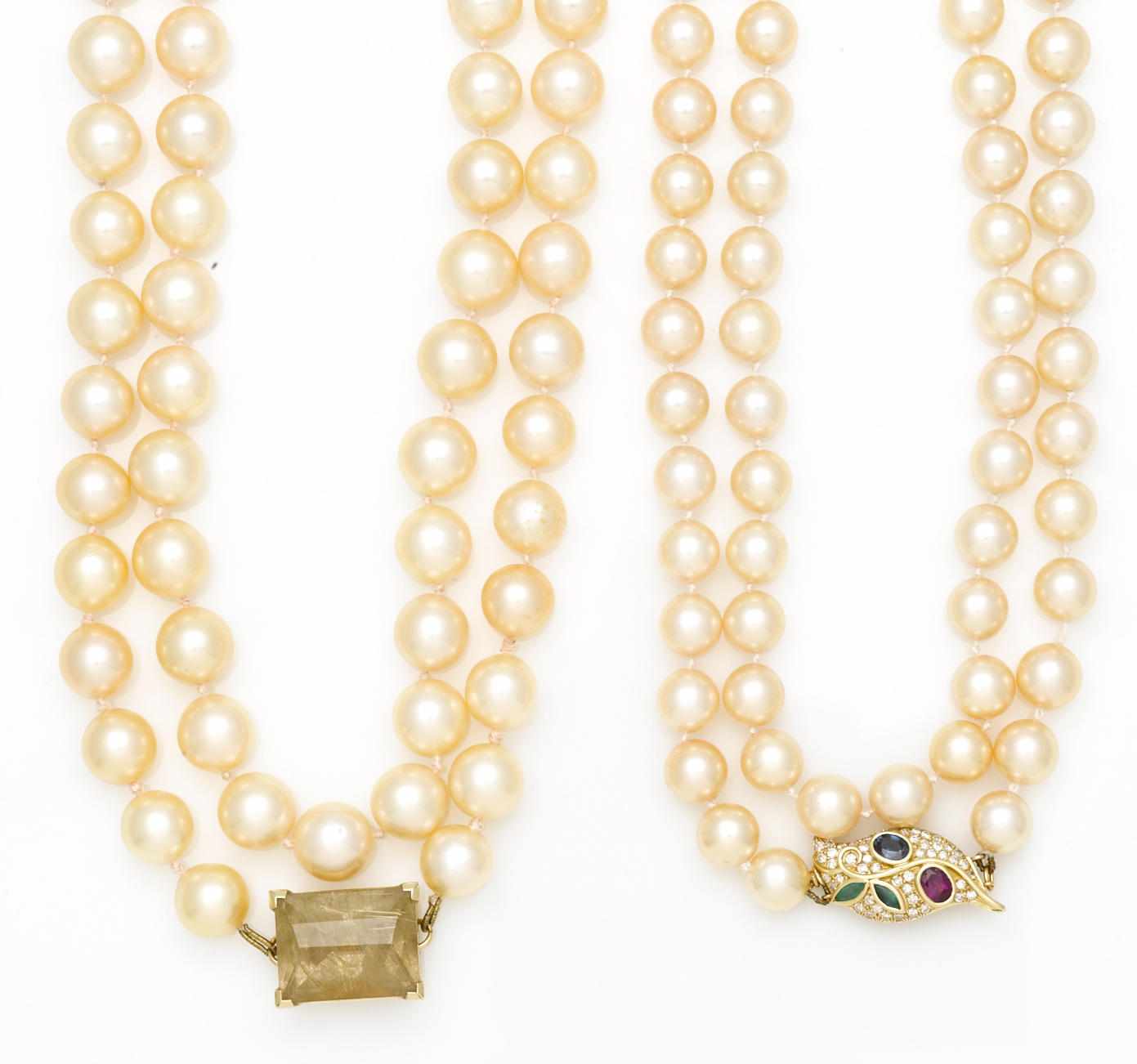 Appraisal: A collection of two colored cultured pearl and gem-set necklaces