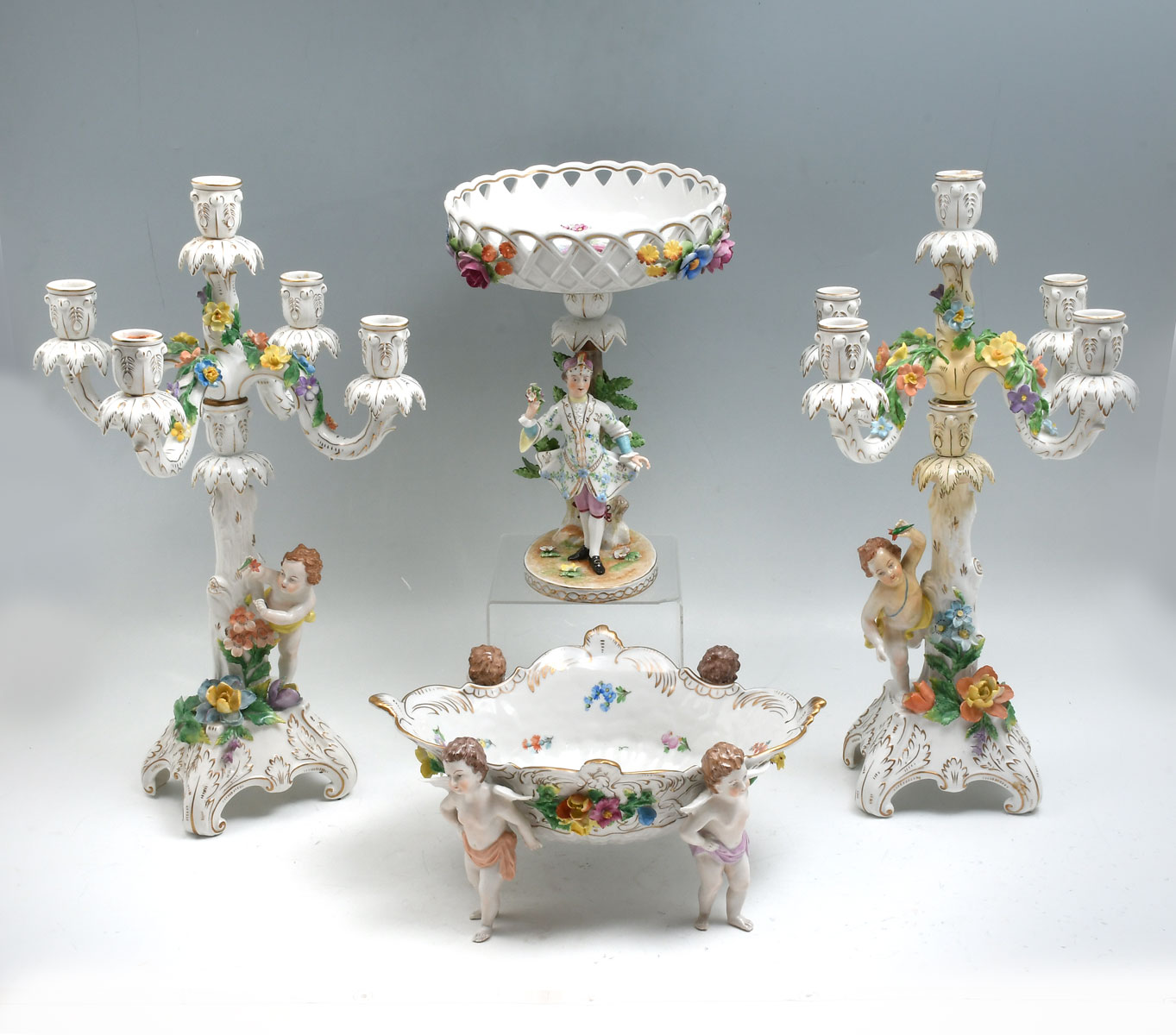 Appraisal: PC DRESDEN FIGURAL PORCELAIN Comprising - Five light candelabrum -