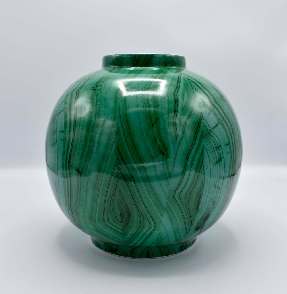 Appraisal: LARGE FAUX MALACHITE SPHERICAL PORCELAIN VASEModern Decorated in its entirety