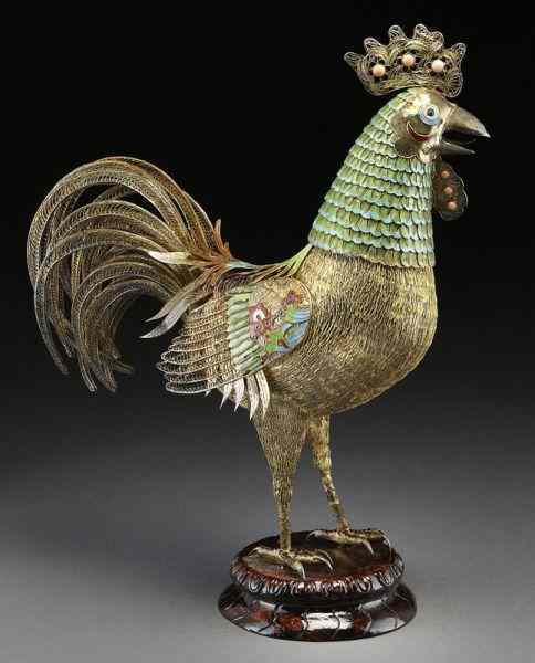 Appraisal: Large Chinese enamel over silver rooster studded with coral and