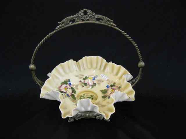 Appraisal: Victorian Bride's Basket enameled art glass ruffle '' bowl in