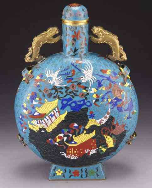 Appraisal: Chinese cloisonne moon flask depictingflowers and birds in a landscape