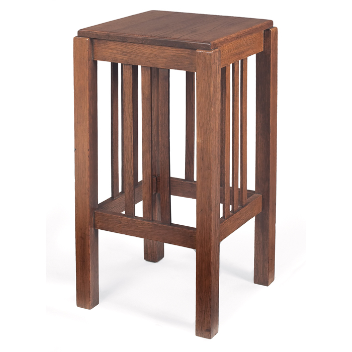 Appraisal: Prairie School side table square top with three vertical spindles