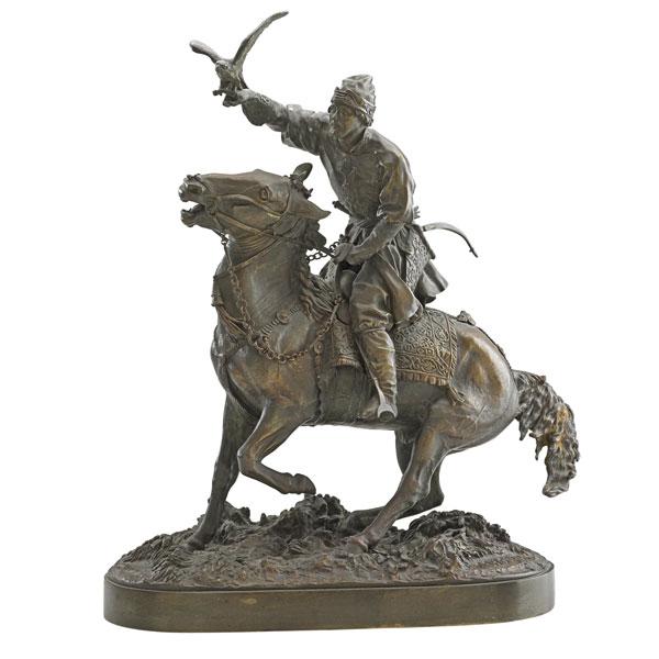 Appraisal: AFTER EVGENY ALEXANDROVICH LANCERAY Russian - Falconer bronze sculpture Signed