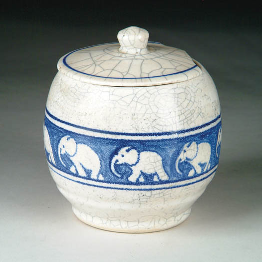 Appraisal: DEDHAM POTTERY COVERED MARMALADE JAR WITH ELEPHANT DECORATION Blue and