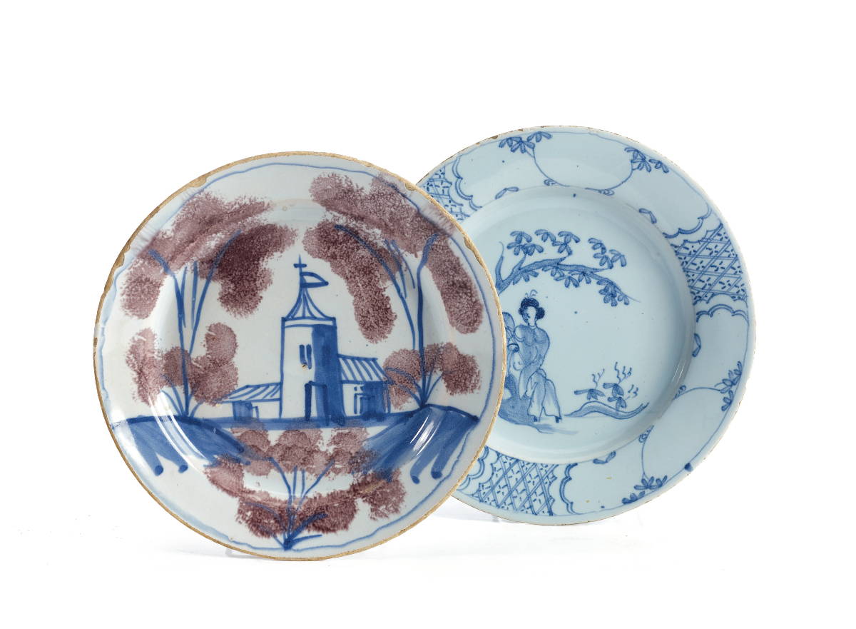 Appraisal: BRISTOL DELFT MANGANESE-PURPLE AND BLUE PLATE AND A BLUE AND