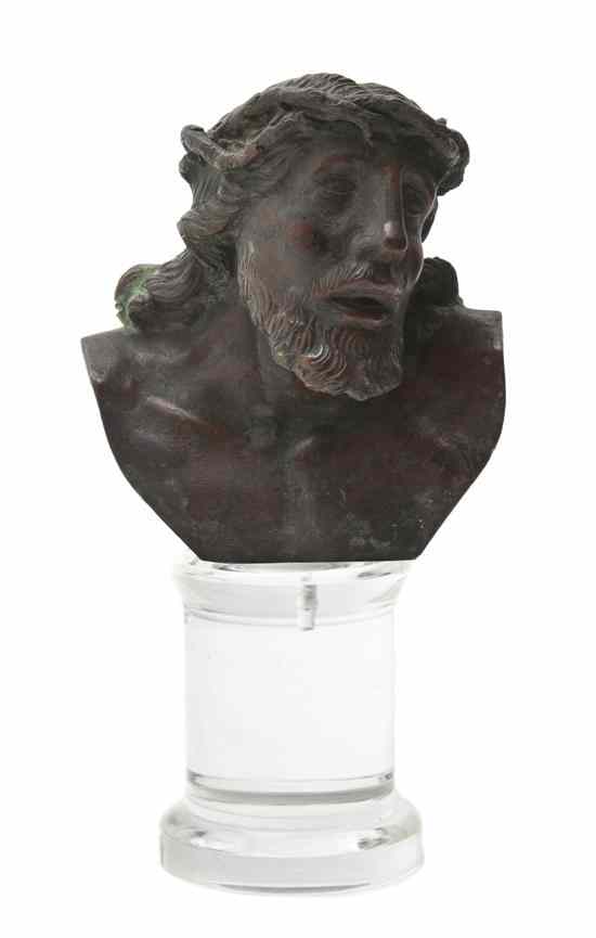 Appraisal: A Continental Bronze Bust depicting Jesus with a crown of