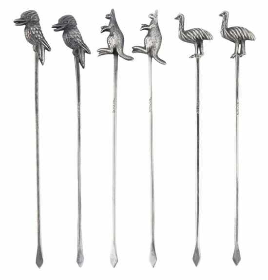 Appraisal: A SET OF AUSTRALIAN SILVER FIGURAL COCKTAIL STICKS EARLY TH