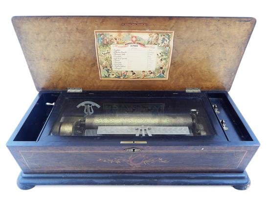 Appraisal: Swiss music box inlaid case including putti amongst horns to