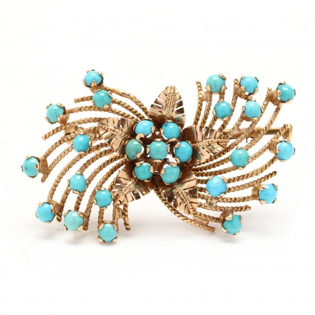 Appraisal: RETRO GOLD AND TURQUOISE BROOCH EGYPT Designed in a floral