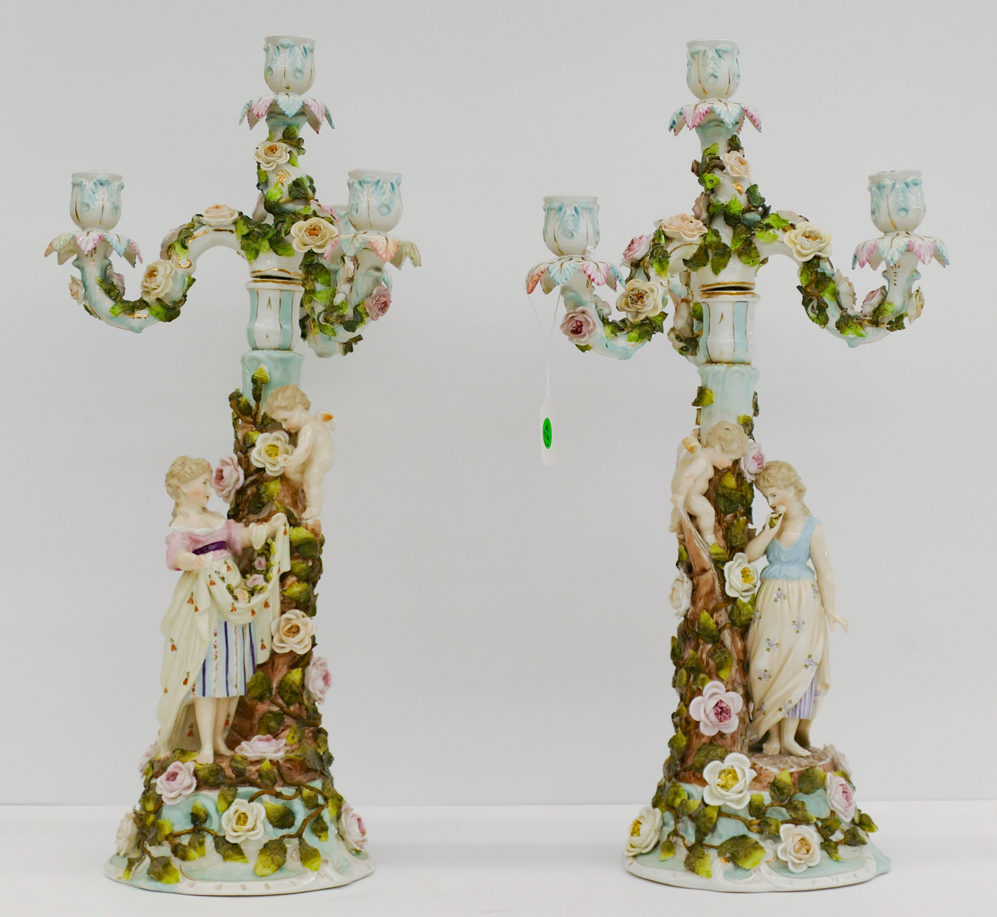 Appraisal: Pair Antique Sitzendorf Woman with Putti Porcelain Candelabras '' -