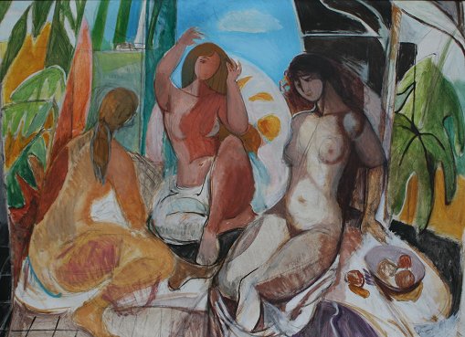 Appraisal: LYNN Nancy American - Three Nude Maidens Acrylic Canvas ''