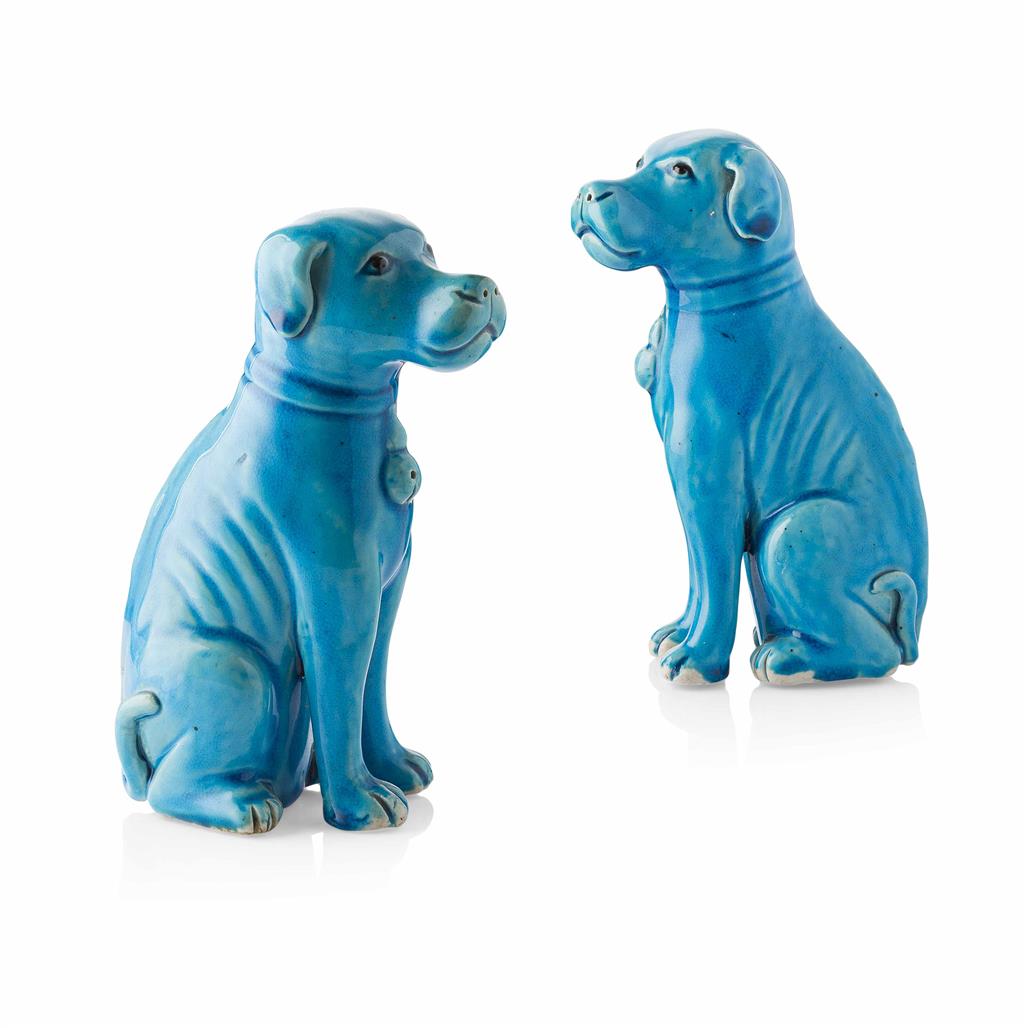 Appraisal: PAIR OF TURQUOISE-GLAZED MODELS OF HOUNDS QING DYNASTY EARLY TH