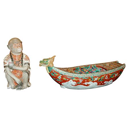 Appraisal: Japanese Satsuma Monkey Together with a Japanese Porcelain Boat Estimate