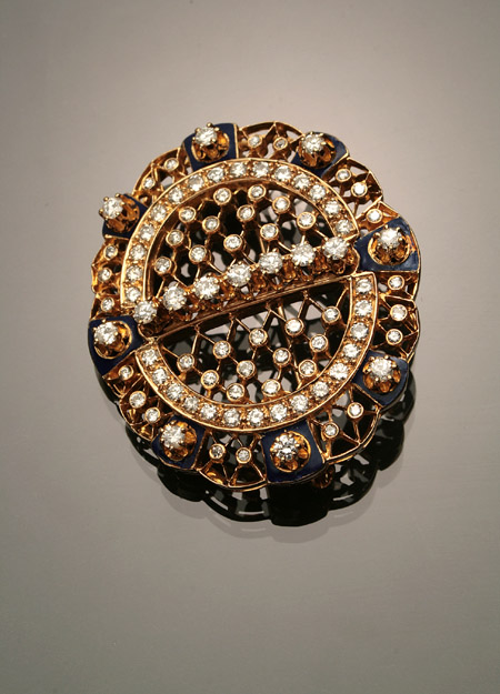 Appraisal: -Karat Yellow-Gold Royal-Blue Enamel and Diamond Brooch Set with eighty-nine