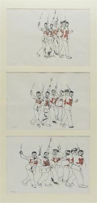 Appraisal: Peking Pioneers Parade' a pen and ink triptych by Patrick