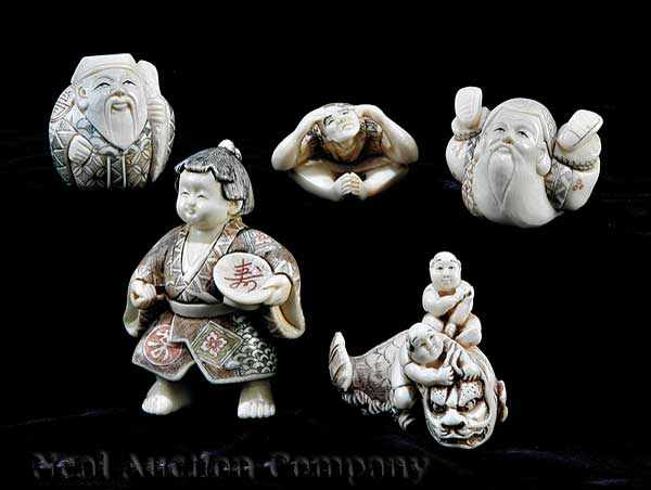 Appraisal: A Group of Four Japanese Ivory Netsuke and One Okimono