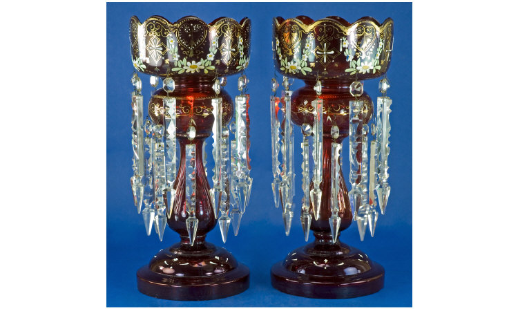 Appraisal: Large Pair Of Victorian Ruby Glass Lustres Each With A