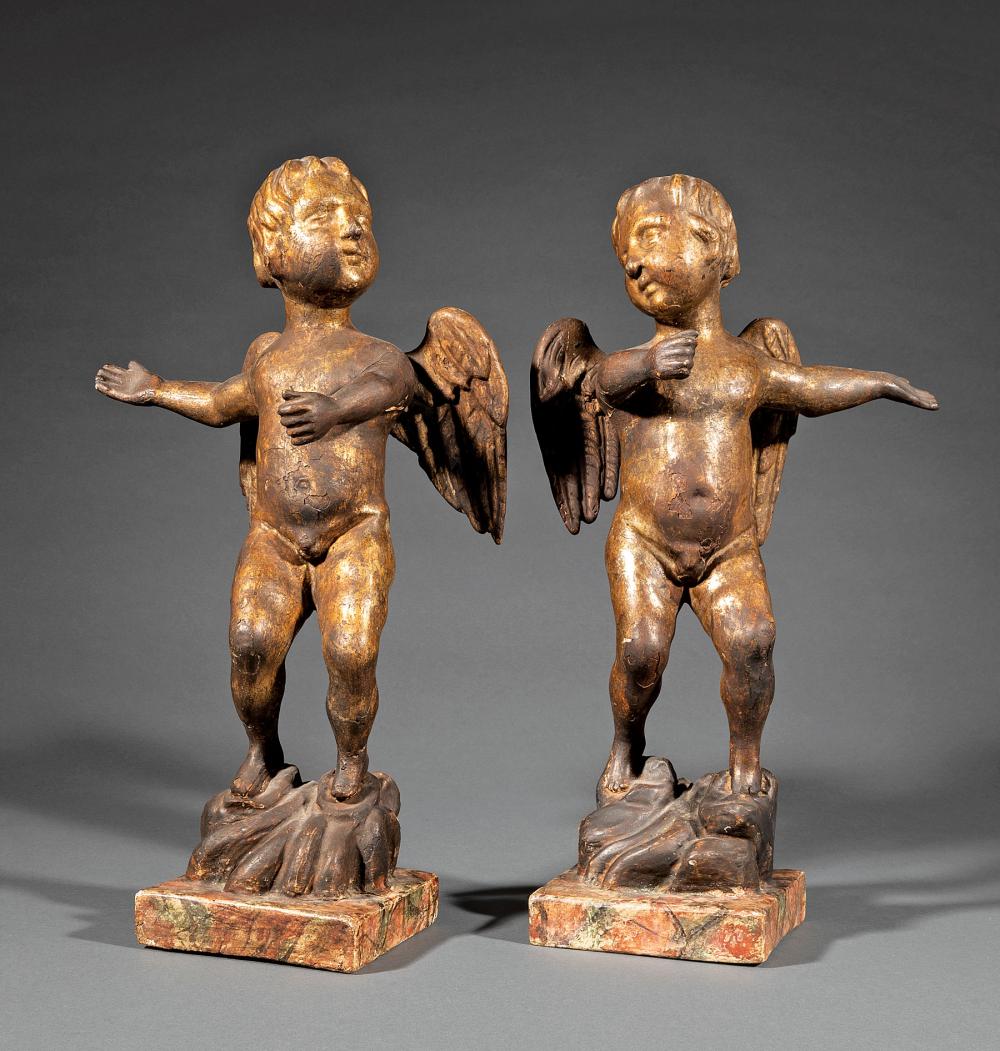 Appraisal: Pair of Continental Carved and Patinated Giltwood Putti on faux