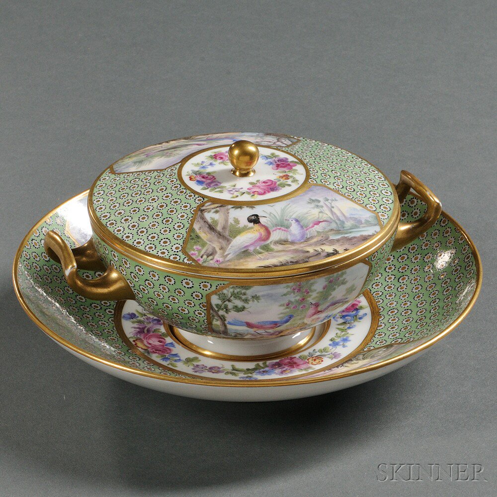 Appraisal: Sevres-type Porcelain Covered Bowl and Stand France th century gilded