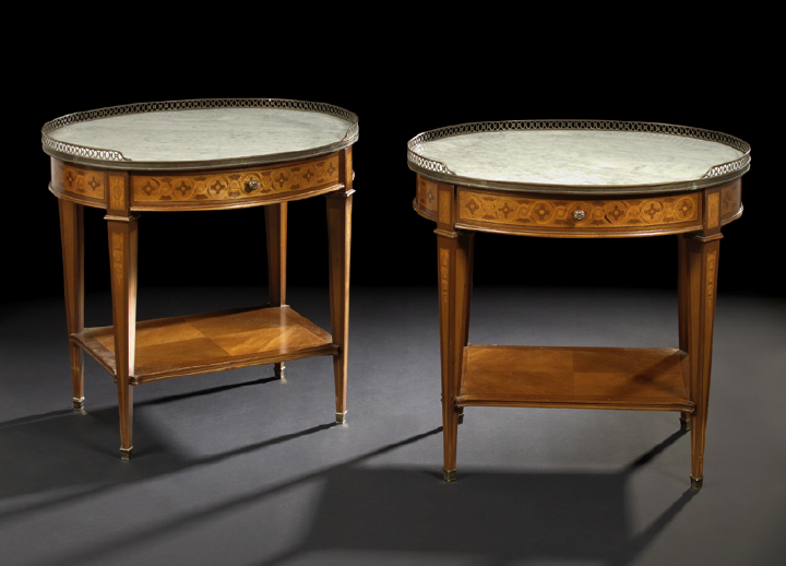 Appraisal: Pair of Louis XVI-Style Gilt-Brass-Mounted Mahogany and Marble-Top Occasional Tables