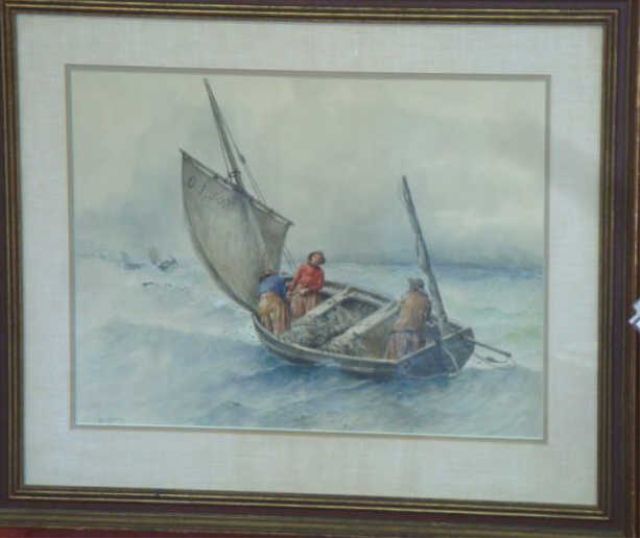 Appraisal: HAQUETTE Georges c W C Fishermen Pulling Nets into Sailboat