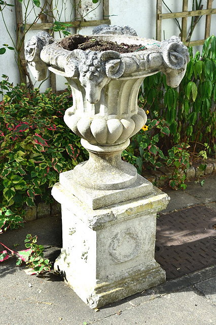 Appraisal: A RECONSTITUTED STONE CAMPANA STYLE GARDEN URN with rams head