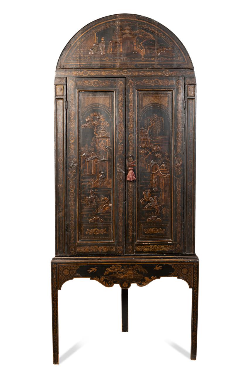 Appraisal: TH C ENGLISH CHINOISERIE CABINET ON STAND English Chinoiserie black