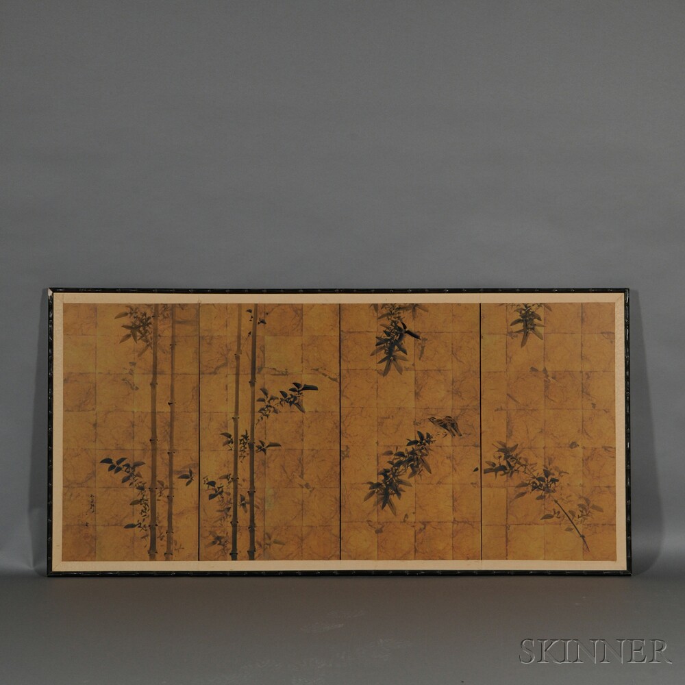 Appraisal: Four-panel Screen on Wood Panel Japan depicting bamboos and birds