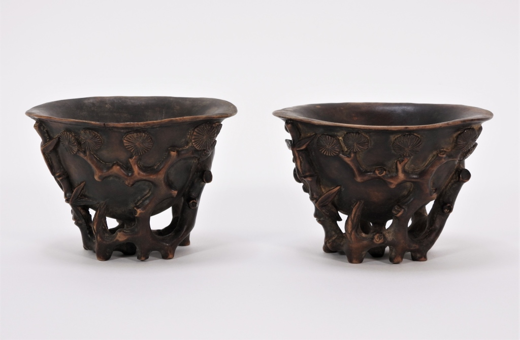 Appraisal: PR CHINESE CARVED WOOD LIBATION CUPS China th CenturyOblong flared