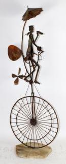 Appraisal: Jim Lewk copper sculpture of unicyclist on onyx base h