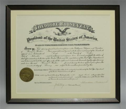 Appraisal: THEODORE ROOSEVELT SIGNED PRESIDENTIAL APPOINTMENT Presidential appointment document partially printed