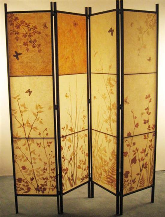 Appraisal: Four-panel Wood-framed Screen with real leaves butterflies stalks etc Applied