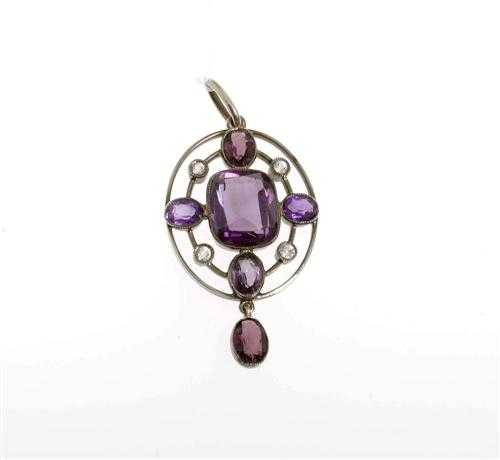 Appraisal: AMETHYST PENDANT ca Silver Fancy oval open-worked pendant adorned with