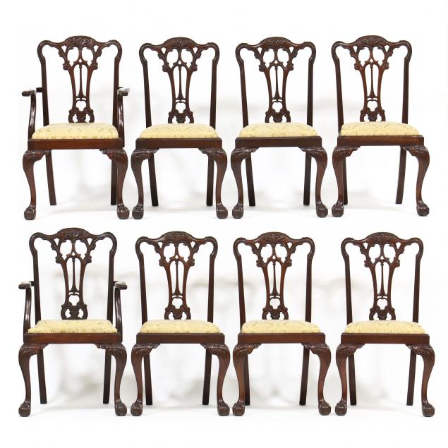 Appraisal: SET OF EIGHT CHIPPENDALE STYLE CARVED MAHOGANY DINING CHAIRS Late